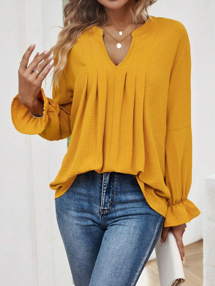 SHEIN LUNE Notched Neck Flare Sleeve Plicated Detail Blouse - Yellow - View 1