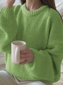 DAZY Suéter de hombros caídos sólido, ropa de mujer de otoño - Verde - Ver 4