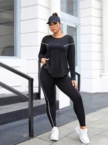 SHEIN Sports Plus Size Top-Stitching Sports Tee & Top-Stitching Sports Tee & Leggings Workout Women Set - Black - View 1