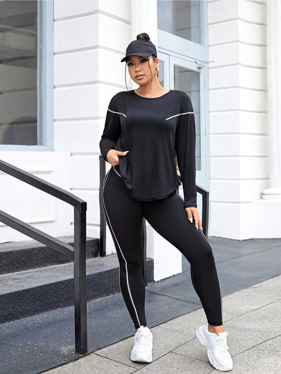 SHEIN Sports Plus Size Top-Stitching Sports Tee & Top-Stitching Sports Tee & Leggings Workout Women Set - Black - View 1