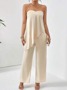 Firerie Solid Asymmetrical Hem Tube Top & Wide Leg Trousers - Apricot - View 5
