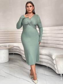 SHEIN Privé Plus Twist Front Ribbed Knit Dress - Mint Green - View 3