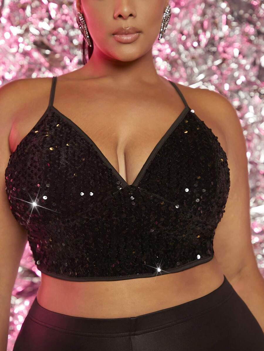 SHEIN SXY 大碼亮片吊帶短上衣 - 黑色 - 查看 1