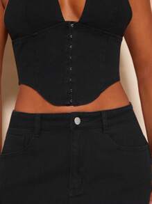 SHEIN BAE 鉤眼扣吊脖牛仔上衣&毛邊半身裙 - 黑色 - 查看 6