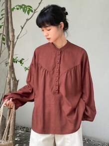 FRIFUL Half Button Drop Shoulder Blouse Linen,Fall Clothes Long Sleeve Top