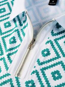 Manfinity Mode Men Geo Print Quarter Zip Polo Shirt - Green - View 5