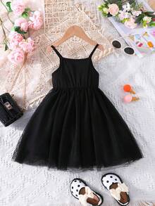 SHEIN Chica Joven Vestido de tirantes de malla en contraste - Negro - Ver 4