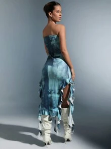 EgrlEra Váy ống dài không đối xứng nhuộm loang màu cho nữ - Màu xanh lam - Xem 2