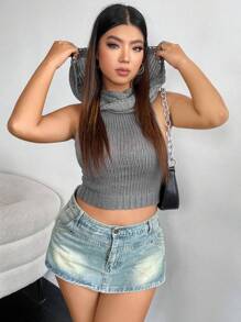 Flirla Plus Turtleneck Crop Hooded Sweater Vest - Grey - View 2