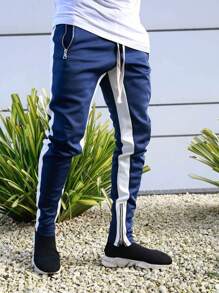 Men's Contrast Color Patchwork Zipper Hem Drawstring Waist Sweatpants - Blue - View 7