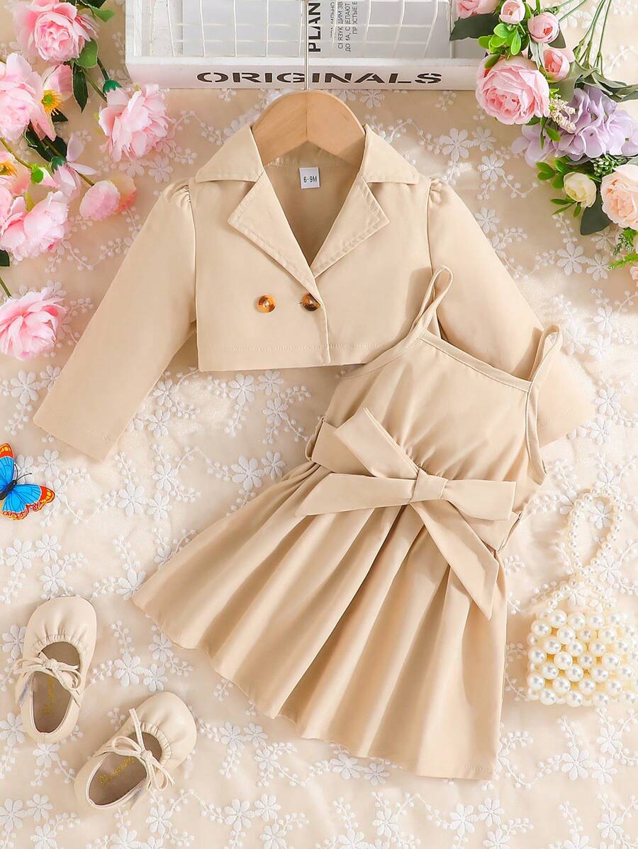Baby Girl Double Button Jacket & Belted Cami Dress - Apricot - View 1