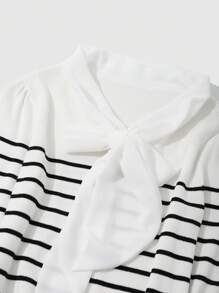 DAZY 条纹图案系带领喇叭袖毛衣秋季 - 白色 - 查看 8