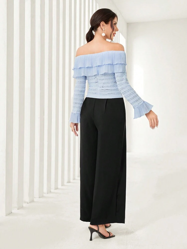 Off Shoulder Flare Sleeve Top & Wide Leg Pants 2 Piece Set