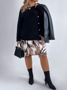 SHEIN LUNE Plus Button Detail Drop Shoulder Sweater Dress - Black - View 4