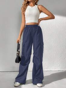 SHEIN Tall Chất rắn Eo đàn hồi Túi nắp bên cạnh Quần - Màu xanh hải quân - Xem 3