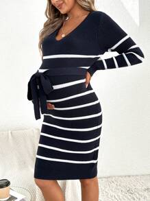 SHEIN Maternity Striped Pattern Belted Sweater Dress, For Winter - Blue and White - View 5