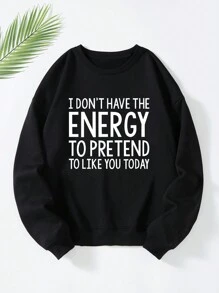 SHEIN EZwear Plus Slogan Graphic Thermal Lined Sweatshirt - Black - View 1