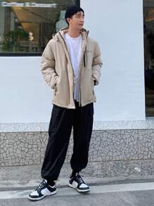 DAZY Men Letter Graphic Zip Up Hooded Padded Coat,Fall Clothes Jacket - Khaki - View 5