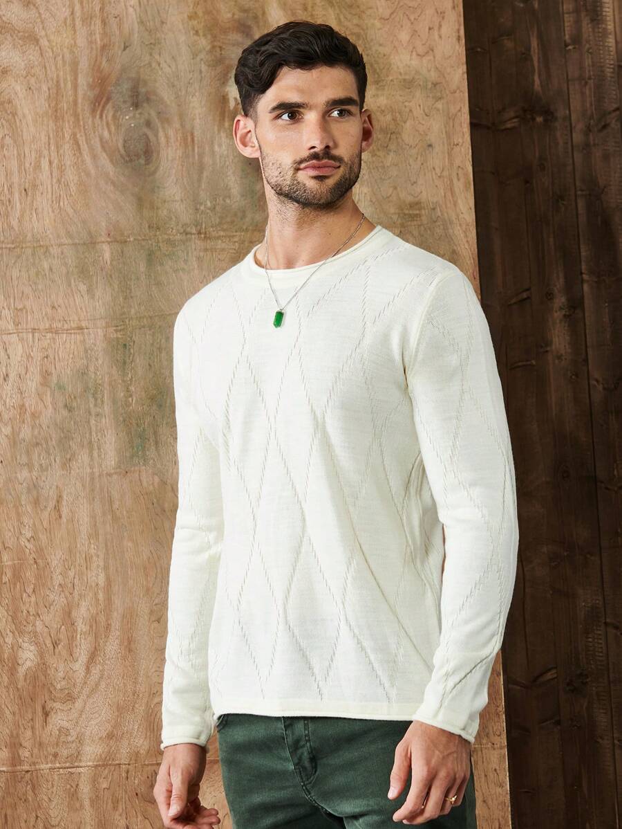 SHEIN Cottnline Men Solid Round Neck Sweater - White - View 1