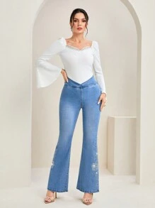 Mulvari Rhinestone Floral Pattern Flare Leg Jeans - Light Wash - View 5