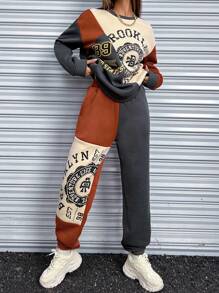 SHEIN Unity Letter Graphic Colorblock Drop Shoulder Sweatshirt & Sweatpants - Multicolor - View 6