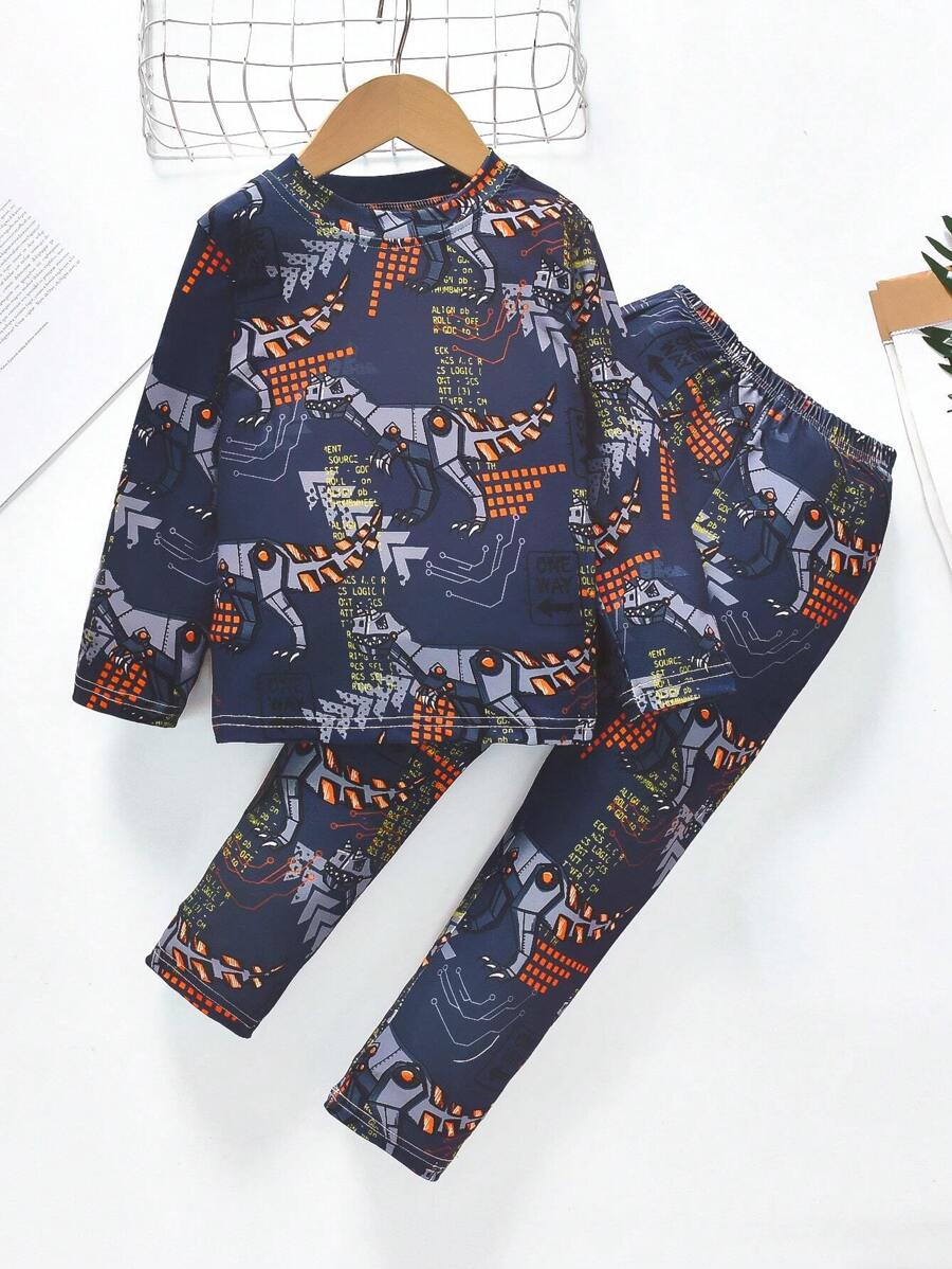 Young Boy Dinosaur Print PJ Set - Grey - View 1