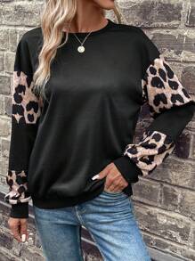 SHEIN LUNE Sudadera con estampado de leopardo de hombros caídos - Negro - Ver 6