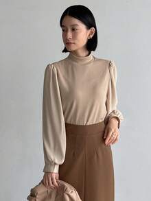 FRIFUL Mock Neck Lantern Sleeve Ribbed Knit Top - Apricot - View 8