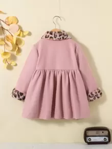 SHEIN Young Girl Leopard Pattern Borg Collar Double Breasted Overcoat - Pink - View 2