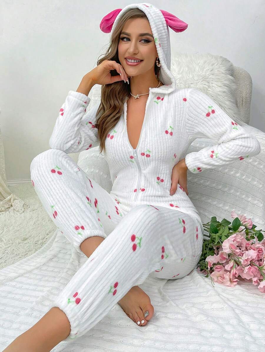 Cherry Print 3D Ear Design Hooded Flannel Sleep Jumpsuit - White - View 1