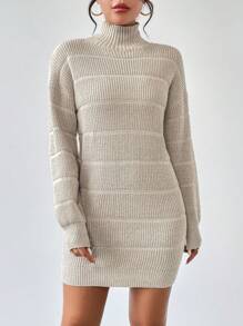 RosyDaze 高領落肩袖毛衣洋裝不附腰帶 - 卡其色 - 查看 6