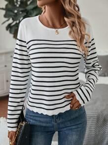 SHEIN LUNE Striped Pattern Scallop Trim Sweater,Long Sleeve Tops Knit Pullover Fall Winter Sweater - Black and White - View 6