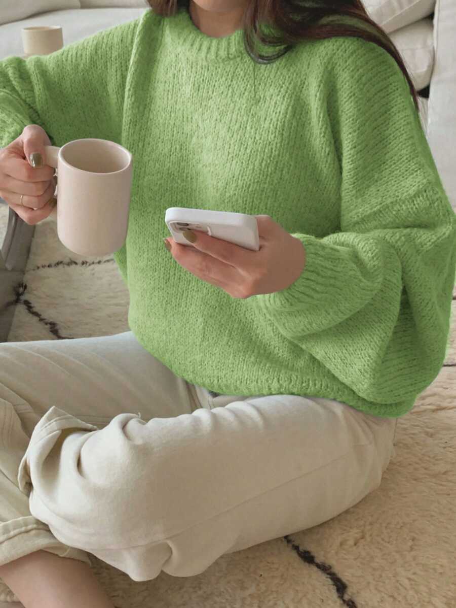 DAZY Suéter de hombros caídos sólido, ropa de mujer de otoño - Verde - Ver 1