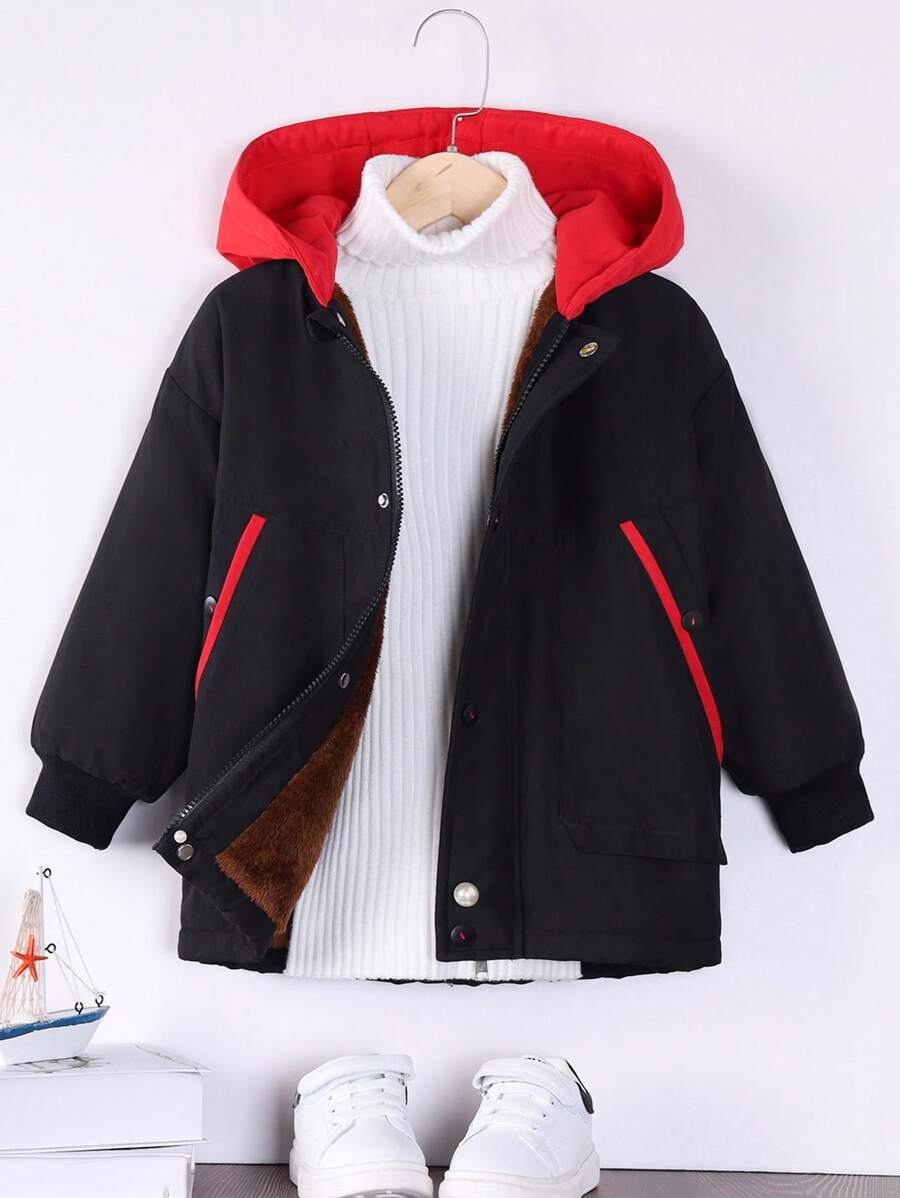 男童 1 件装 撞色边饰泰迪熊衬里连帽加厚外套 - 黑色 - 查看 1