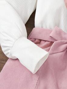 SHEIN Tween Girl Heart Pattern Puff Sleeve Top & Belted Skirt - Pink - View 4