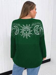 Flirla Plus Sun & Moon Print Drop Shoulder Tee - Dark Green - View 2