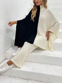 Two Tone Batwing Sleeve Sweater & Knit Pants - Black and White - View 7