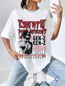 SHEIN EZwear Figure & Slogan Graphic Drop Shoulder Tee - White - View 6