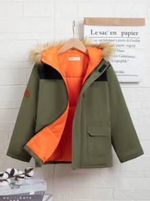 SHEIN Tween Boy Fuzzy Trim Hooded Padded Coat - Army Green - View 6