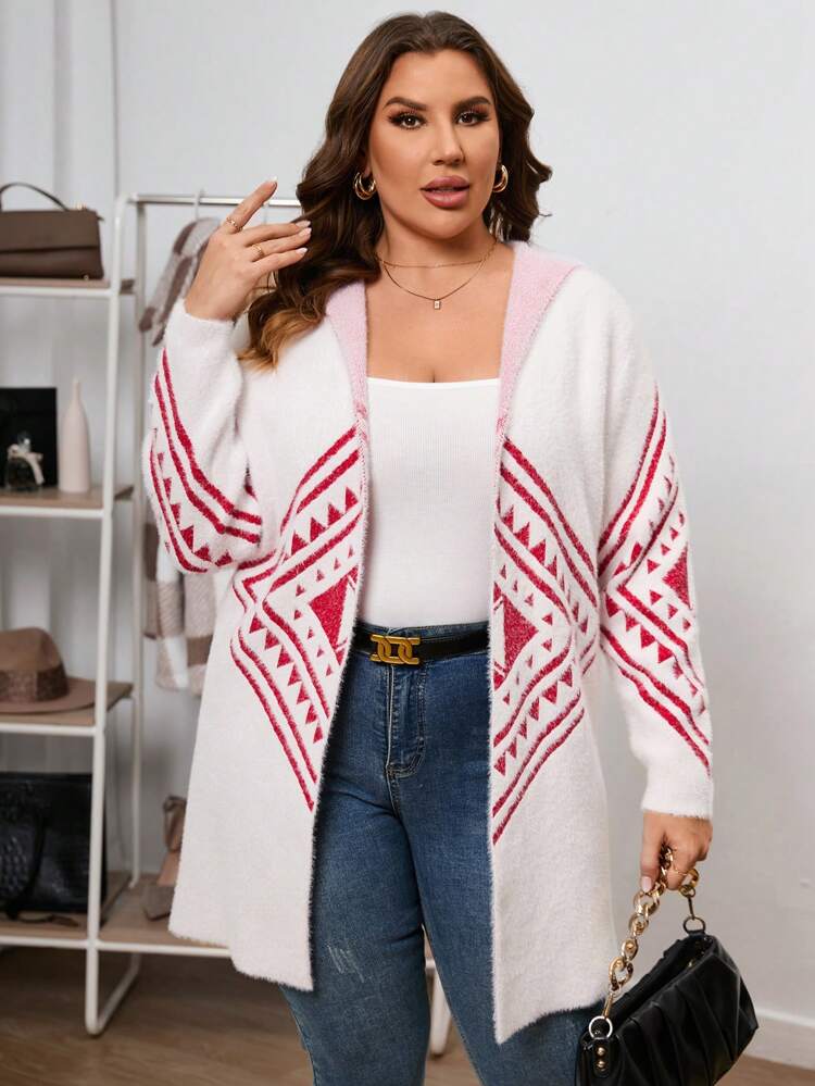 Plus Geo Pattern Drop Shoulder Hooded Duster Cardigan