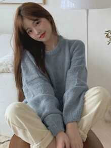 DAZY Suéter de hombros caídos de un solo color, blusas de manga larga, ropa de otoño - Azul - Ver 4