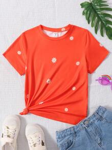 SHEIN Tween Girl Floral Print Tee - Orange - View 1
