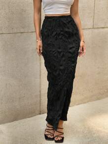 SHEIN Privé Solid Lettuce Trim Skirt - Black - View 4