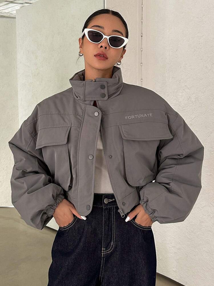 Letter Graphic Flap Pocket Drop Shoulder Winter Thick Pockets Coat, Women Winter Coat Jacket