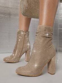 SHUZIA Rhinestone Zipper Side Ankle Boots - Camel - View 4