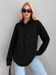 Cottnline Slogan Graphic Kangaroo Pocket Drawstring Hoodie - Black - View 1
