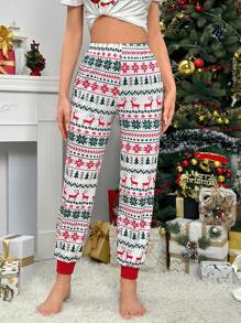 Christmas Print Contrast Trim Sleep Pants - Multicolor - View 3