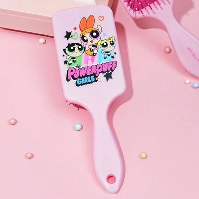 THE POWERPUFF GIRLS X SHEIN 粉色人物花朵、泡泡、金凤花图案气垫发刷