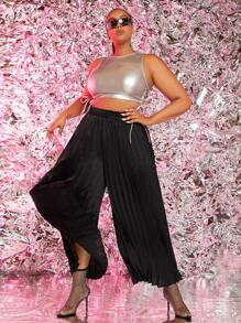 SHEIN SXY Hơn Chất rắn Xếp li Quần ống rộng - màu đen - Xem 4