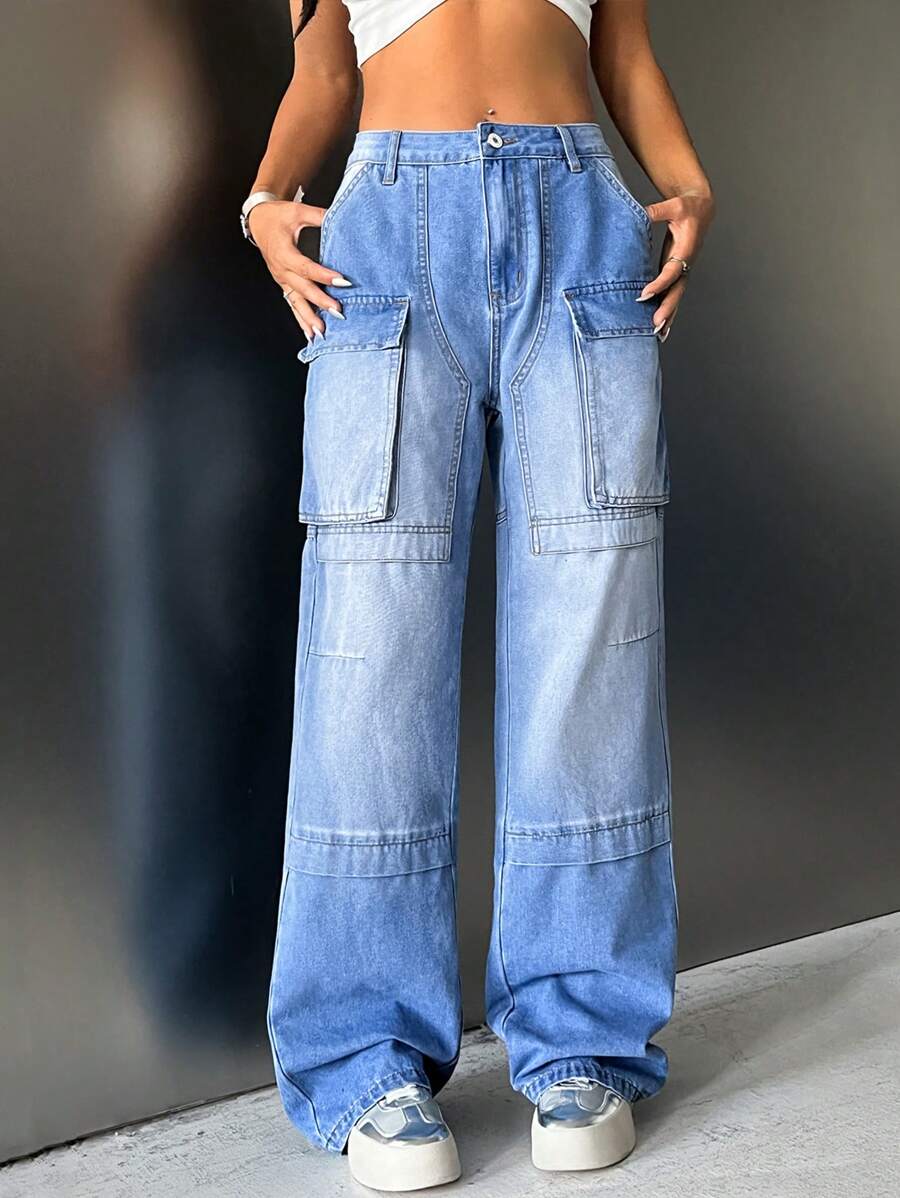 SHEIN ICON 翻蓋口袋工裝牛仔褲 - 中等水洗藍 - 查看 1
